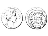 Coin of Corinth. Left: Head of Antoninus. Right: `Isthmia` (the second most famous games, after the Olympian, which were held near Corinth)